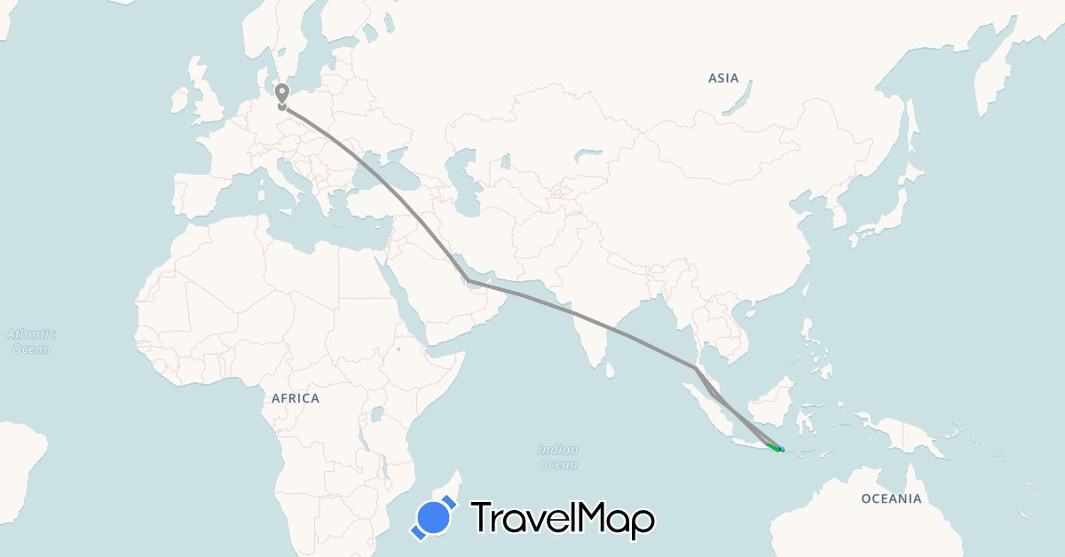 TravelMap itinerary: driving, bus, plane, boat in Germany, Indonesia, Malaysia, Qatar, Singapore, Thailand (Asia, Europe)